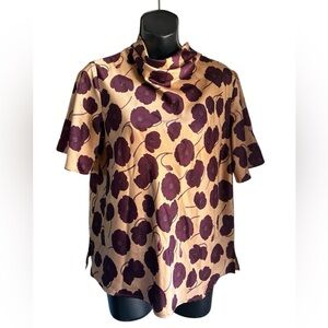 Ann Taylor short-sleeve crow neck floral tan-burgundy sz small preloved